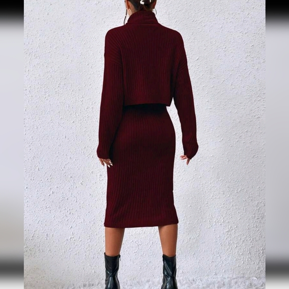 Turtleneck Drop Shoulder Sweater & Knit Dress, Burgundy - Picture 2 of 7